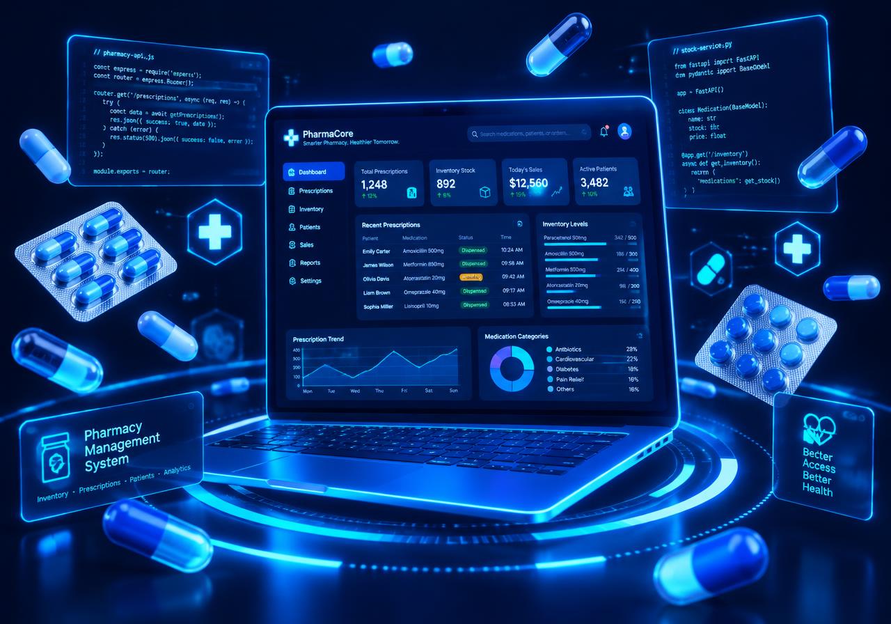 Pharmacy dashboard on a laptop with floating code panels